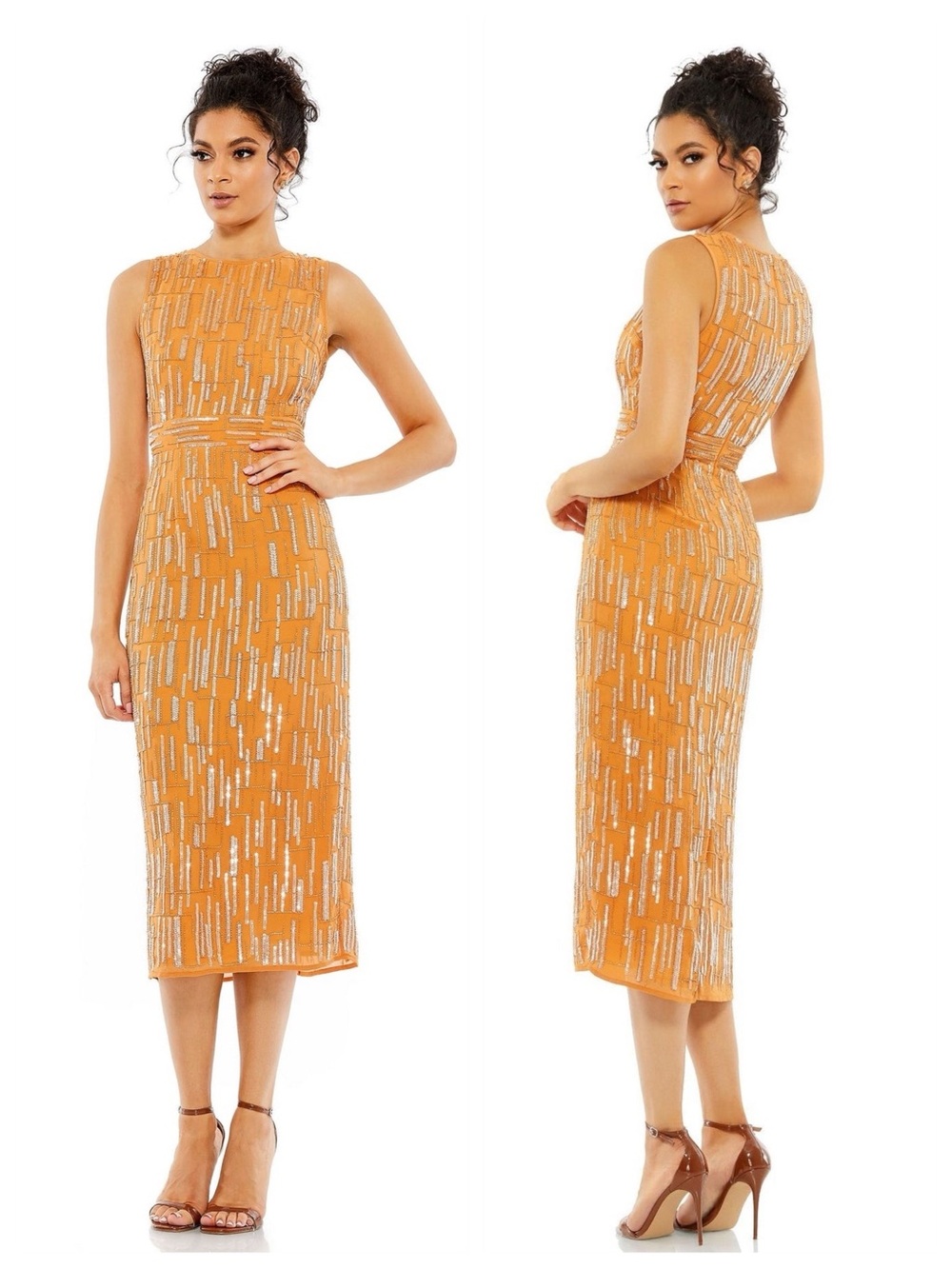 Mac Duggal | 70264 Saffron Orange Sequin Beaded Midi Cocktail Dress | NWT | Sz 0